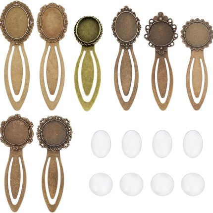 1 Box 16Pcs DIY 8 Sets Vintage Bookmark Metal Antique Bronze Bookmark Bezel Tray Cabochon Book Marks Making Kit Clear Glass Cabochons Book Mark Blank Bezels for Adults DIY Crafts